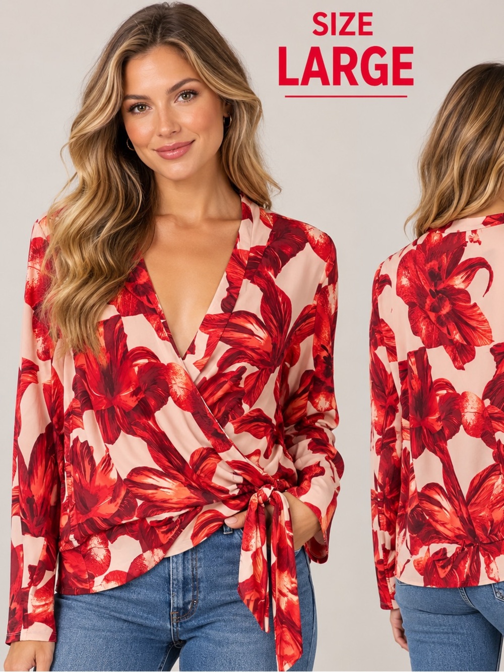 INC International Concepts Red Floral Wrap Blouse SIZE LARGE